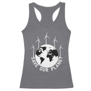 Save Our Planet Racerback Tank Top Wind Power Electricity Earth Day 2025 TS02 Charcoal Print Your Wear