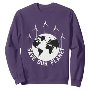 Save Our Planet Sweatshirt Wind Power Electricity Earth Day 2025 TS02 Purple Print Your Wear