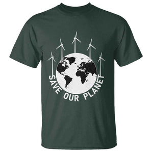 Save Our Planet T Shirt Wind Power Electricity Earth Day 2025 TS02 Dark Forest Green Print Your Wear