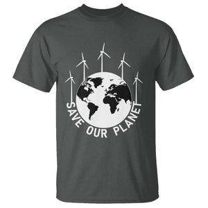 Save Our Planet T Shirt Wind Power Electricity Earth Day 2025 TS02 Dark Heather Print Your Wear