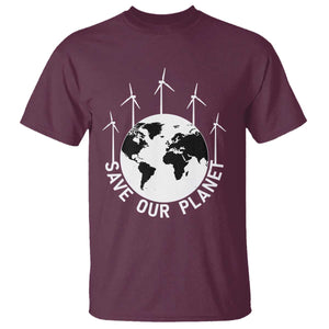 Save Our Planet T Shirt Wind Power Electricity Earth Day 2025 TS02 Maroon Print Your Wear