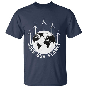 Save Our Planet T Shirt Wind Power Electricity Earth Day 2025 TS02 Navy Print Your Wear