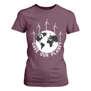 Save Our Planet T Shirt For Women Wind Power Electricity Earth Day 2025 TS02 Maroon Print Your Wear
