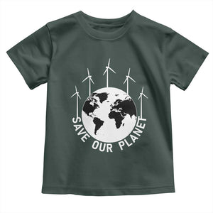 Save Our Planet Toddler T Shirt Wind Power Electricity Earth Day 2025 TS02 Dark Forest Green Print Your Wear