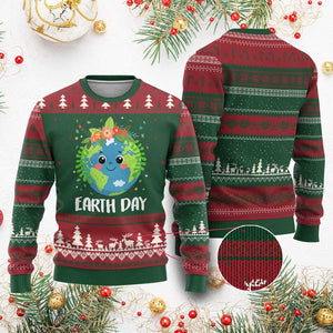 Happy Earth Day Ugly Christmas Sweater Cute Earth With Floral TS02 Red Green Print Your Wear