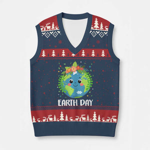Happy Earth Day V-Neck Knit Sweater Vest Cute Earth With Floral TS02 Navy Red Print Your Wear
