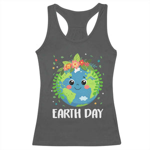 Happy Earth Day Racerback Tank Top Cute Earth With Floral TS02 Dark Heather Print Your Wear