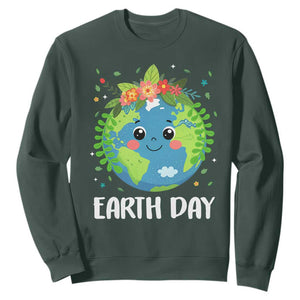 Happy Earth Day Sweatshirt Cute Earth With Floral TS02 Dark Forest Green Print Your Wear