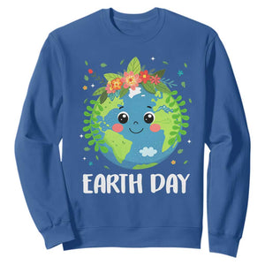 Happy Earth Day Sweatshirt Cute Earth With Floral TS02 Royal Blue Print Your Wear