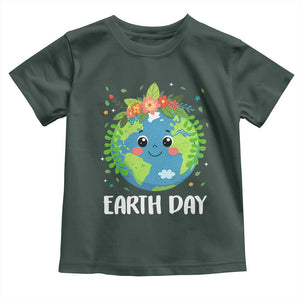 Happy Earth Day Toddler T Shirt Cute Earth With Floral TS02 Dark Forest Green Print Your Wear