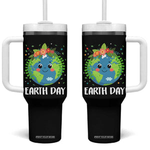 Happy Earth Day Tumbler With Handle Cute Earth With Floral TS02 One Size: 40 oz Black Print Your Wear