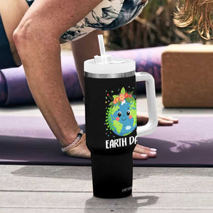 Happy Earth Day Tumbler With Handle Cute Earth With Floral TS02 Print Your Wear