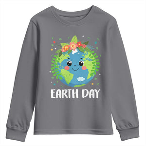 Happy Earth Day Youth Sweatshirt Cute Earth With Floral TS02 Charcoal Print Your Wear
