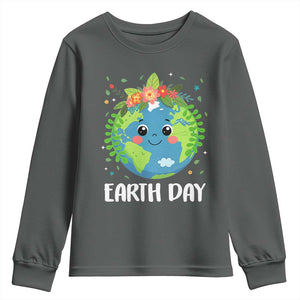 Happy Earth Day Youth Sweatshirt Cute Earth With Floral TS02 Dark Heather Print Your Wear