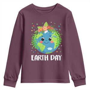 Happy Earth Day Youth Sweatshirt Cute Earth With Floral TS02 Maroon Print Your Wear