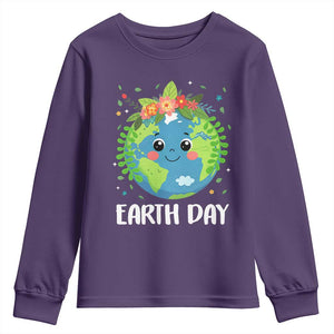 Happy Earth Day Youth Sweatshirt Cute Earth With Floral TS02 Purple Print Your Wear