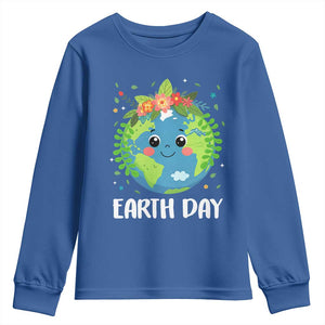 Happy Earth Day Youth Sweatshirt Cute Earth With Floral TS02 Royal Blue Print Your Wear
