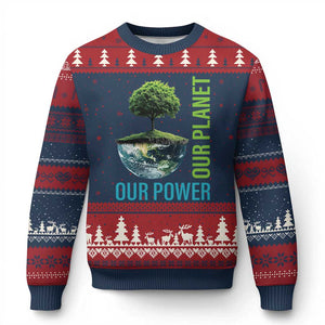 Our Power Our Planet Ugly Christmas Sweater Earth Day 2025 TS02 Navy Red Print Your Wear