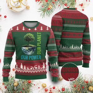 Our Power Our Planet Ugly Christmas Sweater Earth Day 2025 TS02 Red Green Print Your Wear