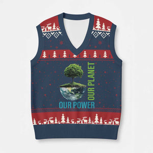 Our Power Our Planet V-Neck Knit Sweater Vest Earth Day 2025 TS02 Navy Red Print Your Wear