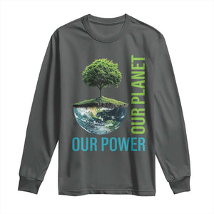 Our Power Our Planet Long Sleeve Shirt Earth Day 2025 TS02 Dark Heather Print Your Wear
