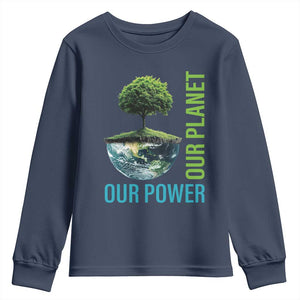 Our Power Our Planet Youth Sweatshirt Earth Day 2025 TS02 Navy Print Your Wear