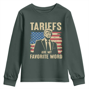 Tariffs Are My Favorite Word Youth Sweatshirt Trump 2025 Patriotic American Flag Vintage TS02 Dark Forest Green Print Your Wear