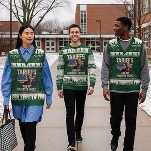 Tariffs Are My Favorite Word V-Neck Knit Sweater Vest Trump 2025 Patriotic American Flag Map Vintage TS02 Forest Green Beige Print Your Wear