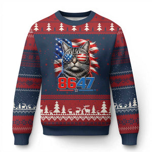 Cool 8647 Patriotic Cat Ugly Christmas Sweater American Flag Sunglasses Tabby Cat Political Satire TS02 Navy Red Print Your Wear