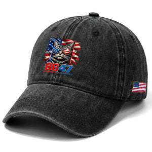 Cool 8647 Patriotic Cat Washed Cotton Baseball Cap American Flag Sunglasses Tabby Cat Political Satire TS02 Print Your Wear