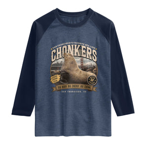 Viral Chonkers San Francisco Sea Lion Raglan Shirt Retro Pier 39 Fisherman's Wharf Souvenir TS02 Heather Denim Navy Print Your Wear
