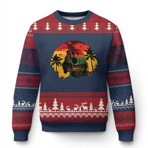 Retro Jamaican Lion Sunset Ugly Christmas Sweater Rasta Colors Music and Island Vibes Graphic TS02 Navy Red Print Your Wear