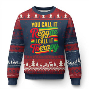 You Call It Reggae I Call It Therapy Ugly Christmas Sweater Emotional Jamaican Rasta Music Lovers TS02 Navy Red Print Your Wear