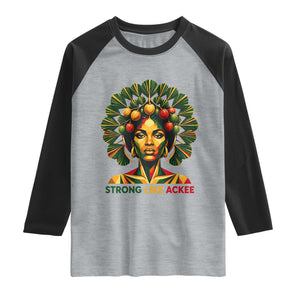Strong Like Ackee Empowered Woman Raglan Shirt Jamaican National Fruit Heritage Pride TS02 Heather Gray Black Print Your Wear