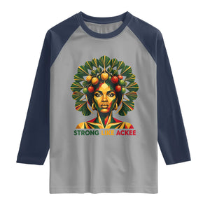 Strong Like Ackee Empowered Woman Raglan Shirt Jamaican National Fruit Heritage Pride TS02 Sport Gray Navy Print Your Wear