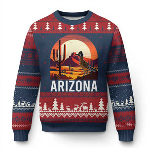 Retro Arizona Roadrunner Desert Sunset Graphic Ugly Christmas Sweater Southwest Saguaro Cactus Wildlife Travel Souvenir