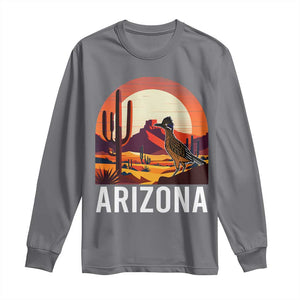 Retro Arizona Roadrunner Desert Sunset Graphic Long Sleeve Shirt Southwest Saguaro Cactus Wildlife Travel Souvenir