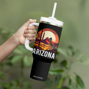 Retro Arizona Roadrunner Desert Sunset Graphic Tumbler With Handle Southwest Saguaro Cactus Wildlife Travel Souvenir