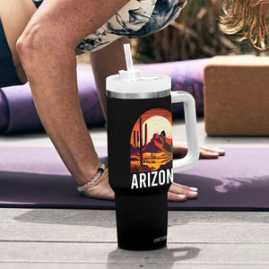 Retro Arizona Roadrunner Desert Sunset Graphic Tumbler With Handle Southwest Saguaro Cactus Wildlife Travel Souvenir
