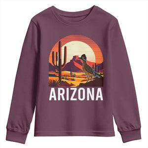 Retro Arizona Roadrunner Desert Sunset Graphic Youth Sweatshirt Southwest Saguaro Cactus Wildlife Travel Souvenir
