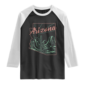 Vintage Arizona State Outline Desert Sunset Graphic Raglan Shirt Retro Southwest Saguaro Cactus Travel Souvenir
