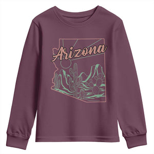 Vintage Arizona State Outline Desert Sunset Graphic Youth Sweatshirt Retro Southwest Saguaro Cactus Travel Souvenir