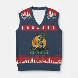 Funny Arizona Its A Dry Heat Skeleton Graphic V-Neck Knit Sweater Vest Vintage Desert Drinking Beer Saguaro Cactus Souvenir