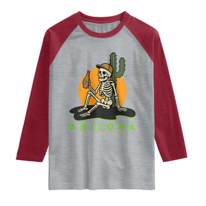Funny Arizona Its A Dry Heat Skeleton Graphic Raglan Shirt Vintage Desert Drinking Beer Saguaro Cactus Souvenir