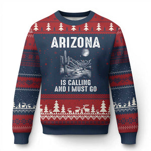 Retro Arizona Is Calling And I Must Go Graphic Ugly Christmas Sweater Outdoor Desert Cactus Mountain Travel Souvenir