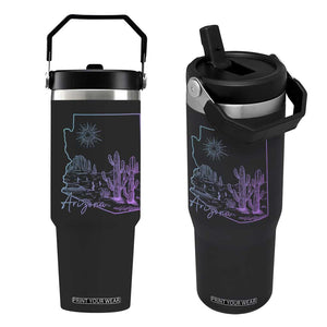 Glowing Arizona State Map Outline Graphic Flip Straw Tumbler Neon Gradient Cactus Desert Travel Souvenir