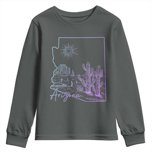 Glowing Arizona State Map Outline Graphic Youth Sweatshirt Neon Gradient Cactus Desert Travel Souvenir
