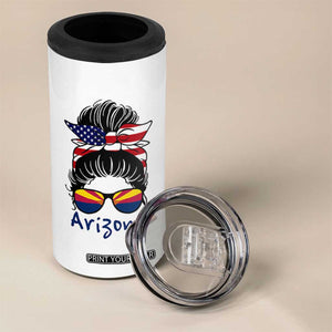 Patriotic Arizona Messy Bun Girl Graphic 4 in 1 Can Cooler Tumbler American Flag Sunglasses Southwest State Pride Souvenir