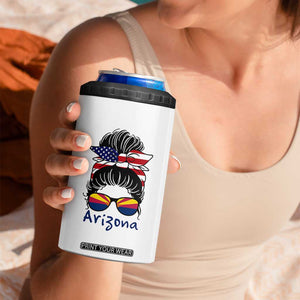 Patriotic Arizona Messy Bun Girl Graphic 4 in 1 Can Cooler Tumbler American Flag Sunglasses Southwest State Pride Souvenir