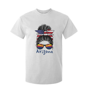Patriotic Arizona Messy Bun Girl Graphic T Shirt For Kid American Flag Sunglasses Southwest State Pride Souvenir